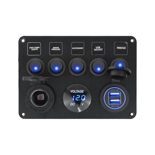 EBAYTV Marineschalter, Bootsschalttafel, Auto-Schalttafel, wasserdicht, digitales Voltmeter, Dual-USB-Anschluss, 12-V-Steckdosenkombination, Marine-LED-Wippschalter, 5-Gang(Blue) von EBAYTV