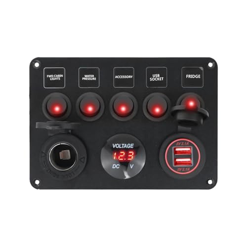 EBAYTV Marineschalter, Bootsschalttafel, Auto-Schalttafel, wasserdicht, digitales Voltmeter, Dual-USB-Anschluss, 12-V-Steckdosenkombination, Marine-LED-Wippschalter, 5-Gang(Rood) von EBAYTV