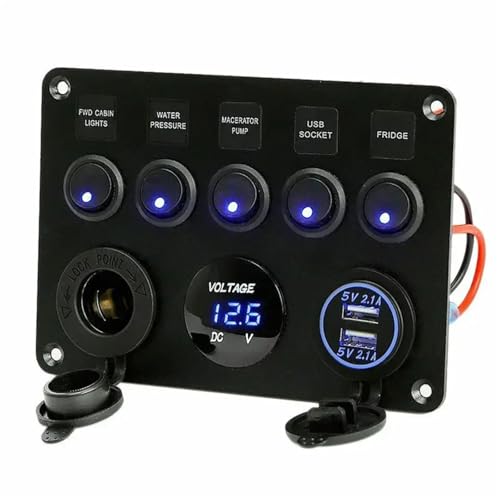Marineschalter, 12V/24V 5-Gang Inline-Sicherungskasten LED-Schalterfeld Dual USB Auto Boot Truck Camper Digitale Spannungsanzeige Blau/Grün/Rot LED-Licht(Blue) von EBAYTV