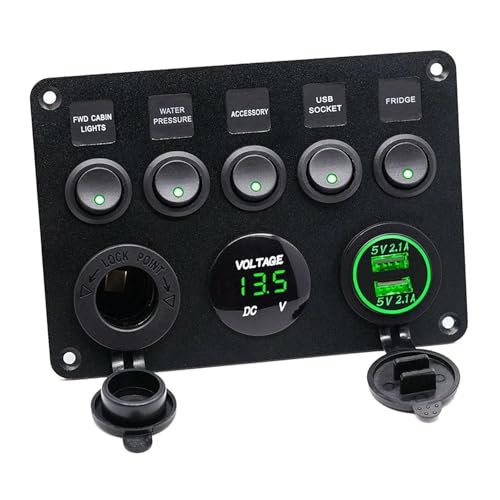 Marineschalter, 12V/24V 5-Gang Inline-Sicherungskasten LED-Schalterfeld Dual USB Auto Boot Truck Camper Digitale Spannungsanzeige Blau/Grün/Rot LED-Licht(Green) von EBAYTV