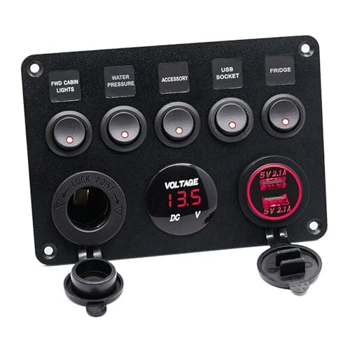 Marineschalter, 12V/24V 5-Gang Inline-Sicherungskasten LED-Schalterfeld Dual USB Auto Boot Truck Camper Digitale Spannungsanzeige Blau/Grün/Rot LED-Licht(Rood) von EBAYTV