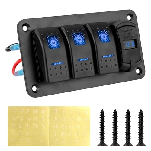 Marineschalter, 12V-24V 3-Gang-Schalttafel for Auto-SUV-Marine-RV-LKW Digitalvoltmeter Leistungsschalter Wasserdicht 4.2A Dual-USB-Anschluss(Blue) von EBAYTV