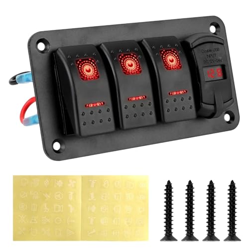 Marineschalter, 12V-24V 3-Gang-Schalttafel for Auto-SUV-Marine-RV-LKW Digitalvoltmeter Leistungsschalter Wasserdicht 4.2A Dual-USB-Anschluss(Rood) von EBAYTV