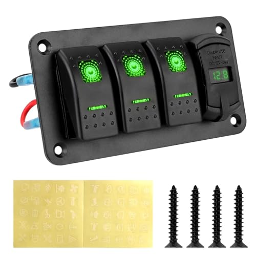 Marineschalter, 24V 12V Schalter Panel 3 Tasten Auto Toggle Licht USB Ladegeräte 3,0 Volt Tester Zubehör for Boot Marine Caravan lkw Anhänger(Green) von EBAYTV
