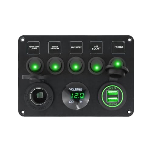 Marineschalter, Bootsschalttafel, Auto-Schalttafel, wasserdicht, digitales Voltmeter, Dual-USB-Anschluss, 12-V-Steckdosenkombination, Marine-LED-Wippschalter, 5-Gang(Green) von EBAYTV