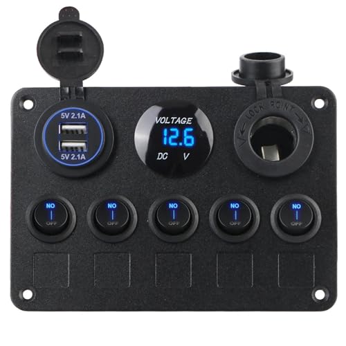 Marineschalter, Wasserdichtes digitales Voltmeter Marine LED Wippschalter Panel for Boote Autoschalter Panel Dual USB Port 5 Gang 12V Steckdosenkombination von EBAYTV