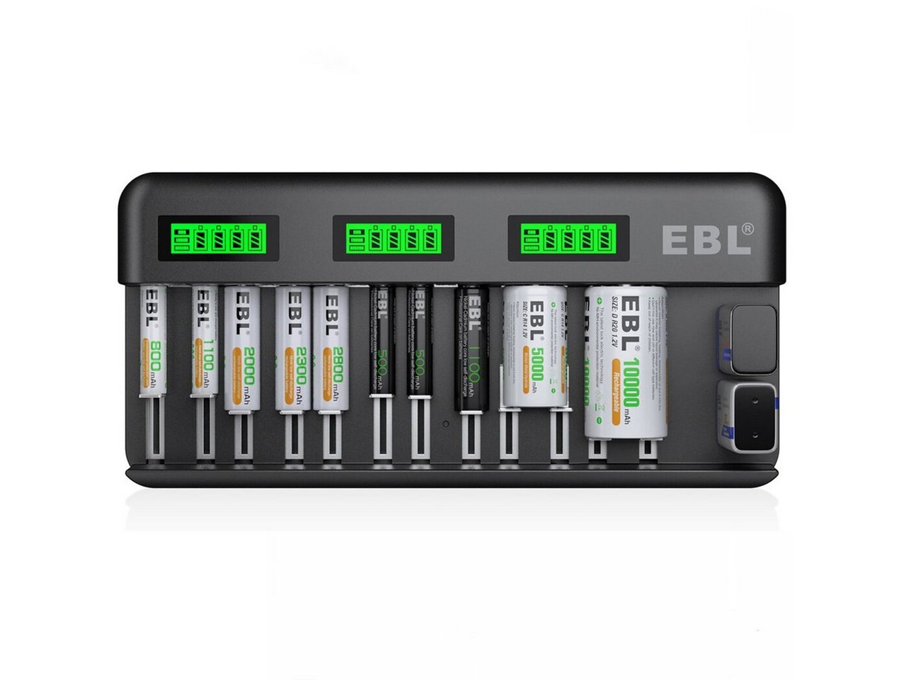 EBL 12+2 Akku Ladegerät-Schnell für AA/AAA/C/D NI-MH/NI-CD Batterie-Ladegerät (mit 8 AAA 1100mAh Akku) von EBL