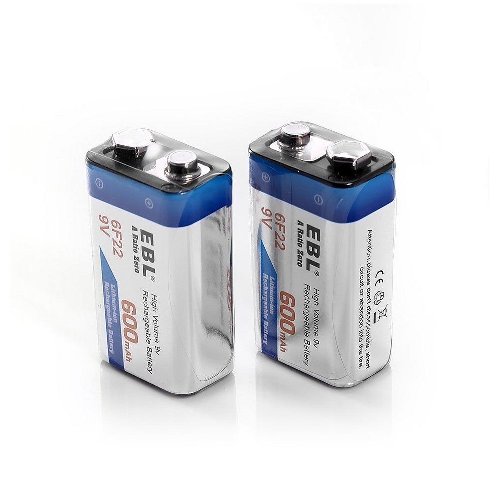 EBL 2 Stück 9V Block Batterien Akku 600mAh Wiederaufladbare Batterie Akku (9 V) von EBL
