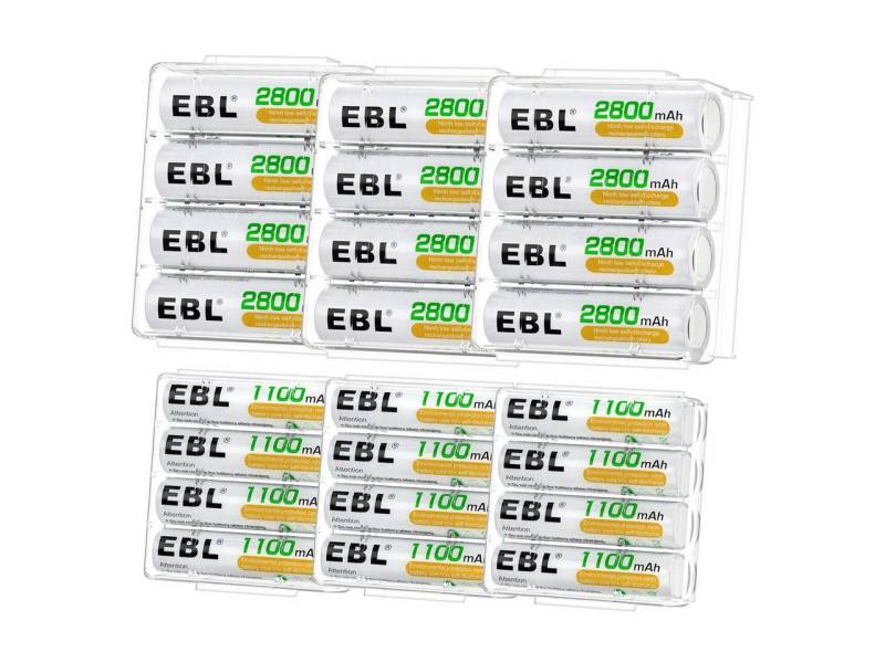 EBL 24 Stück Akku - AA 2800mAh 12 Stück + AAA 1100mAh 12 Stück Akku Micro/Mignon (1,2 V, 24 St), NiMH von EBL