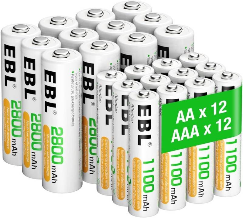 EBL AA Akku 2800mAh 8/12/16 Stück mit AAA Akku 1100mAh 8/12/16 Stück Akku 2800 mAh (1,2 V), 1,2V NI-MH wiederaufladbare Batterien von EBL