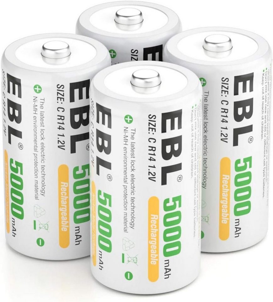 EBL Akku 5000 mAh NI-MH wiederaufladbar C Batterien,4 Stück Typ C Akku 5000 mAh (1,2 V, 4 St) von EBL