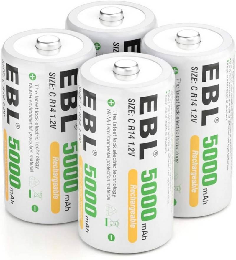 EBL Akku 5000 mAh NI-MH wiederaufladbar C Batterien,4 Stück Typ C Akku 5000 mAh (1,2 V, 4 St) von EBL