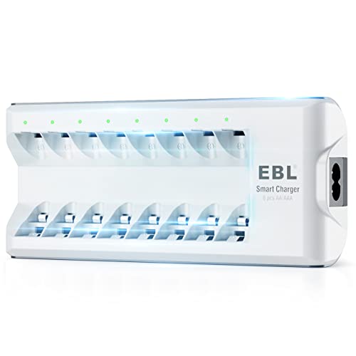 EBL Akku AA AAA Ladegerät für Mignon AA, Micro AAA NI-MH NI-Cd wiederaufladbar Batterien 8-Ladeplatz mit LED Anzeige, C9042W von EBL