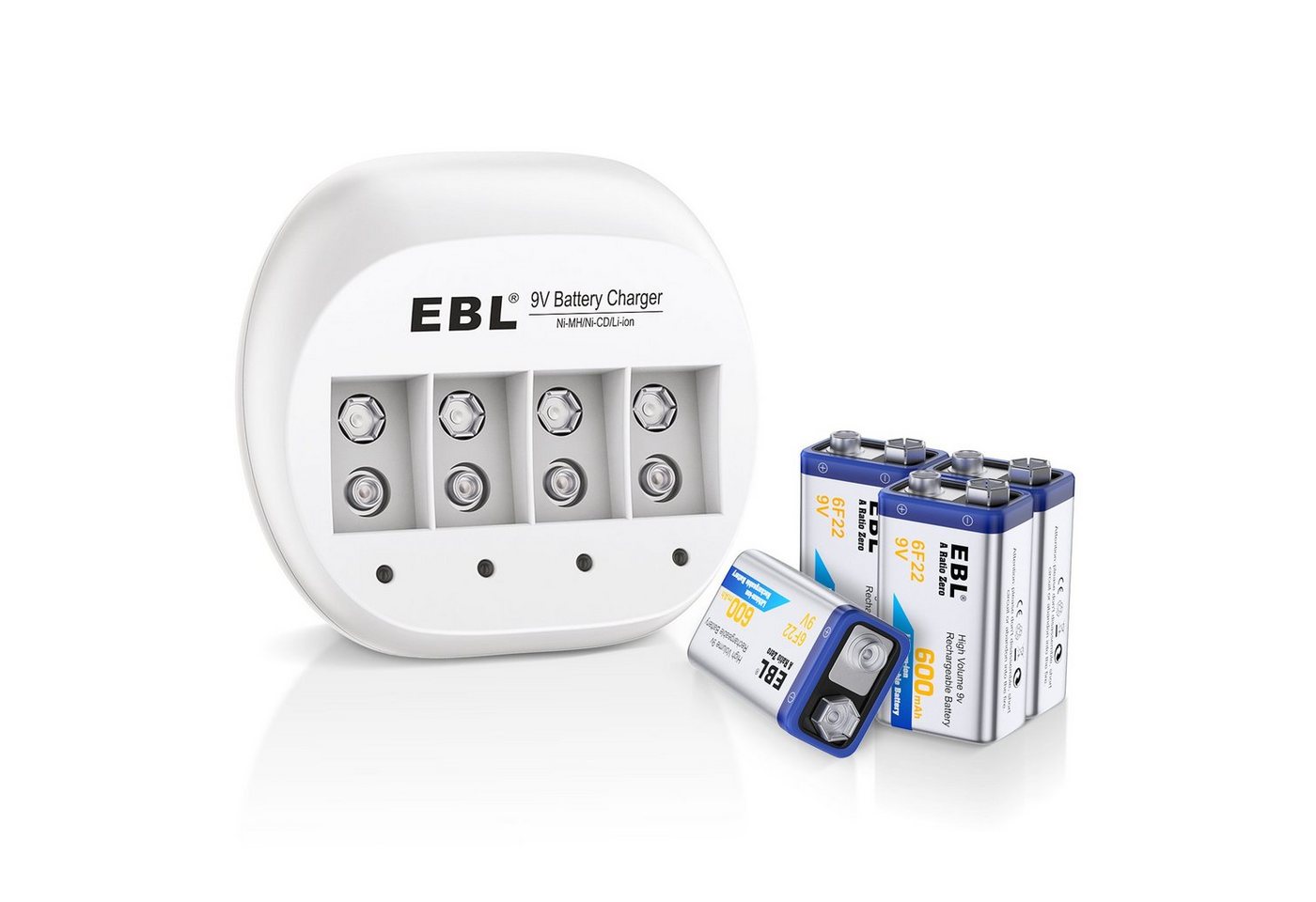 EBL Akku Ladegerät 9v für Li-Ionen wiederaufladbare Batterien Batterie-Ladegerät (1-tlg., mit 4 600mAh 9V Li-ion Akku) von EBL