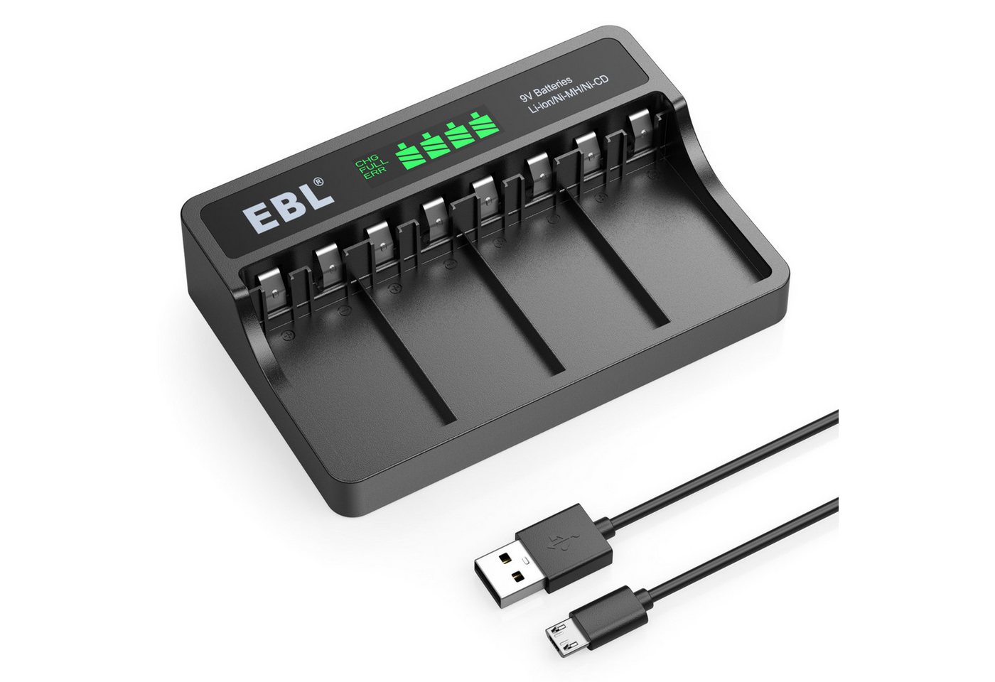 EBL Akku Ladegerät für Li-Ionen NI-MH NI-Cd 9v wiederaufladbare Batterien Batterie-Ladegerät (1-tlg) von EBL