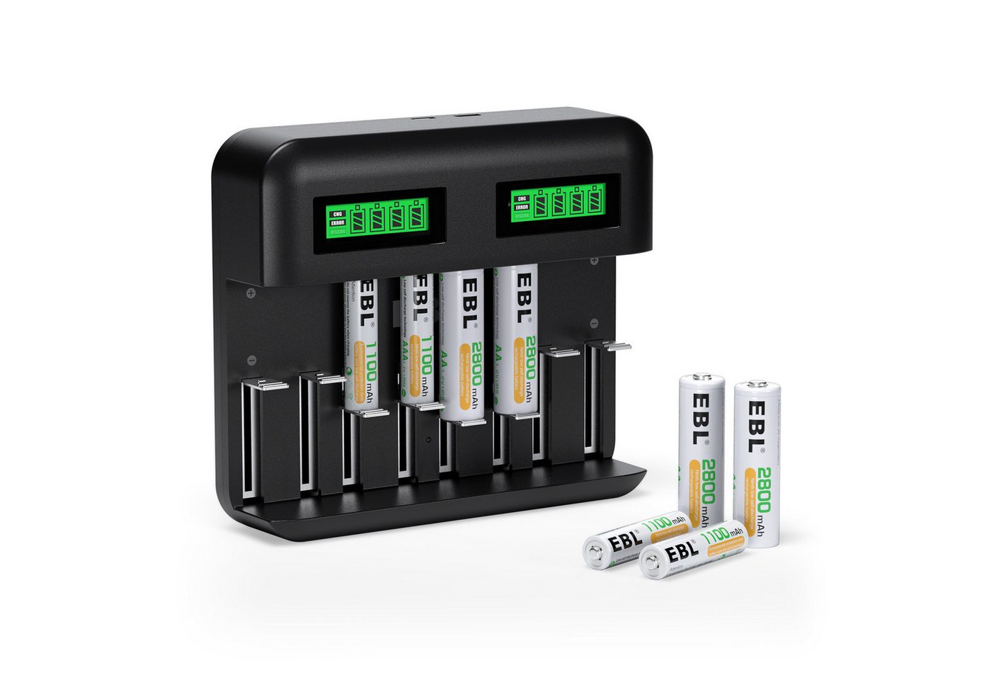 EBL Akku Ladegerät mit 4 AA 2800mAh Akku + 4 AAA 1100mAh Akku Akku-Ladestation (Batterie-Ladegerät-für AA AAA C D NI-Mh Akku) von EBL