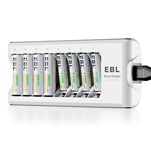 EBL Akku Ladegerät mit 4 AA Akku + 4 AAA Akku, Ladegerät für wiederaufladbare Batterien AA AAA NI-MH NI-Cd, C9042W Batterieladegerät mit Akkus von EBL