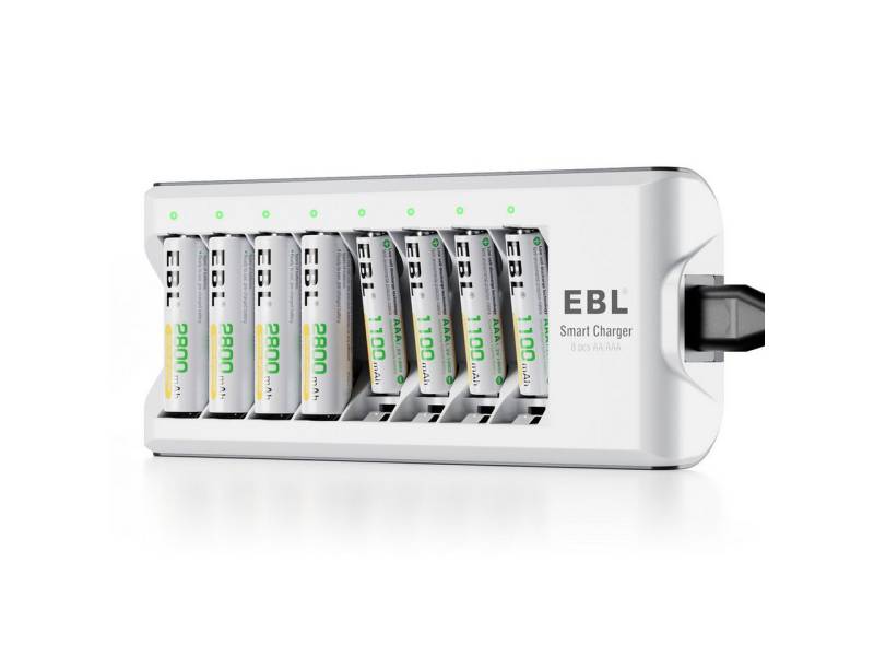 EBL Akku Ladegerät mit 4 AA Akku + 4 AAA Akku Akku-Ladestation (1-tlg., für wiederaufladbare Batterien AA AAA NI-MH NI-Cd) von EBL