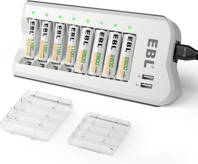 EBL Akku Ladegerät mit 4 Stück AA Akku 2800mAh und AAA Akku 1100mAh Batterie-Ladegerät (1-tlg., 8 Ladefach Batterieladegerät für AA AAA Akkus mit 2-USB Output) von EBL