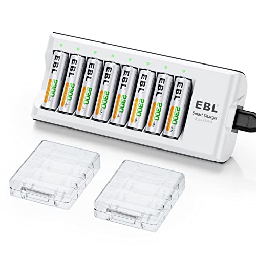 EBL Akku Ladegerät mit 8 AA Akku, Ladegerät für AA, AAA, NI-MH, NI-Cd wiederaufladbare Batterien, 8 Ladeschächte, LED Anzeige, C9042W Batterieladegerät mit AA Akkus von EBL