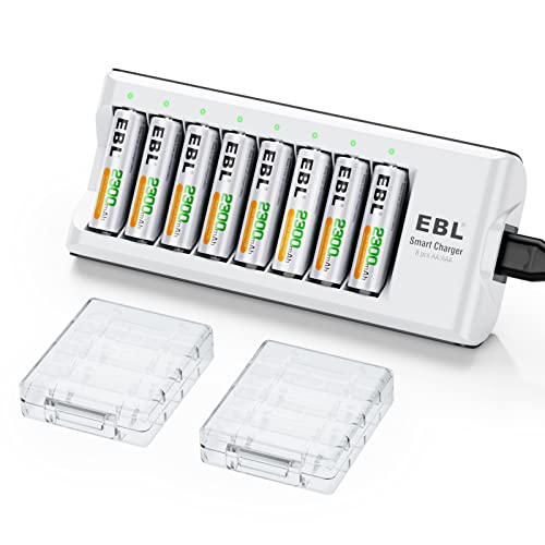 EBL Akku Ladegerät mit 8 AA Akku, Ladegerät für AA, AAA, NI-MH, NI-Cd wiederaufladbare Batterien, 8 Ladeschächte, LED Anzeige, EBL C9042W Batterieladegerät mit AA Akkus von EBL