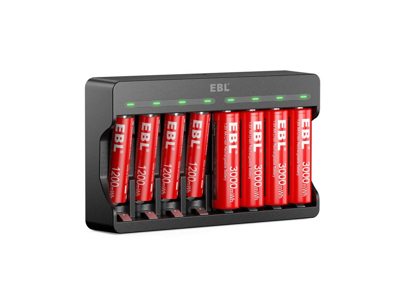 EBL Akku Ladegerät mit 8 Stück AAA/AA Akkus, Batterie-Ladegerät (mit 4 Stück AA Akku 3000mWh +4 Stück AAA Akku1200mWh, USB Input 5V 2A) von EBL