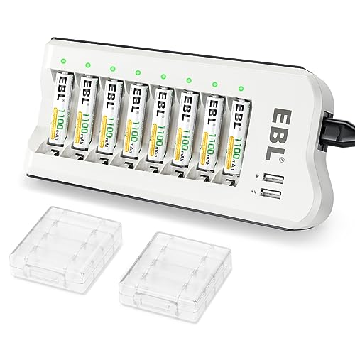 EBL Akku Ladegerät mit AAA Akku 1100mah 8 Stück, Universal Batterieladegerät 8 Steckplatz für NI-MH NI-CD AA AAA Wiederaufladbare Batterien mit 2-USB Ausgang, Akkuladegerät AA AAA von EBL