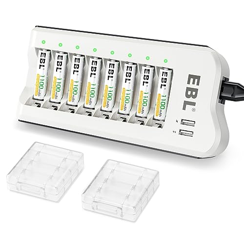 EBL Akku Ladegerät mit AAA Akku 1100mah 8 Stück, Universal Batterieladegerät 8 Steckplatz für NI-MH NI-CD AA AAA Wiederaufladbare Batterien mit 2-USB Ausgang, Akkuladegerät AA AAA EBL Akku Ladegerät mit AAA Akku 1100mah 8 Stück, Universal Batterieladegerät 8 Steckplatz für NI-MH NI-CD AA AAA Wiederaufladbare Batterien mit 2-USB Ausgang, Akkuladegerät AA AAA von EBL