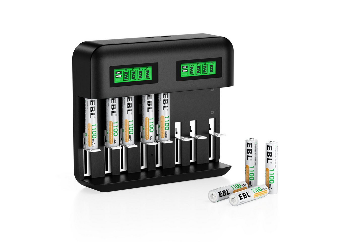 EBL Akku Ladegerät mit mit 8 AAA 1100mAh Akkus Akku-Ladestation (Batterie-Ladegerät-für AA AAA C D NI-Mh Akku) von EBL