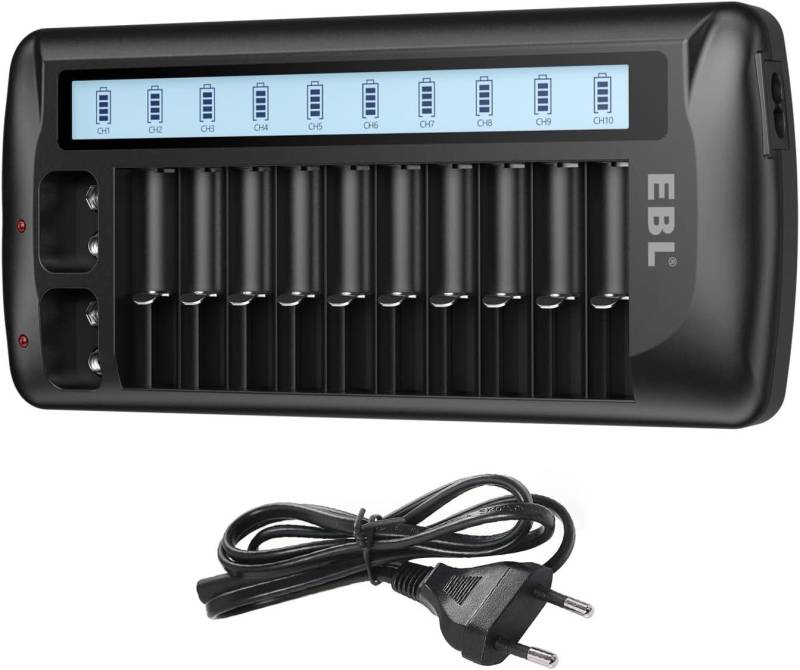 EBL Universal Akkuladegerät für Batterie - AA AAA 9v Block Akku Batterie-Ladegerät (1-tlg., 12-Ladefach mit LCD Anzeige) von EBL