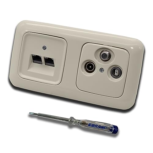 Busch Jäger, Rutenbeck Unterputz Netzwerkdose 10 Gigabit/S (10GbE) KAT6A 6A 2 x RJ45 Anschluss + WISI TV SAT RADIO 3-Loch Dose im BJ DUR2000 cremeweiß Design + EBROM Phasenprüfer z. Montage d. Geräte von EBROM SET IDEE
