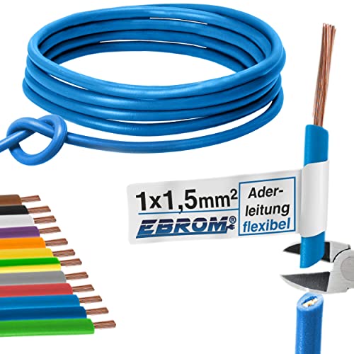 Aderleitung Verdrahtungsleitung - Einzelader flexibel 1,5 mm2 - PVC Leitung - H07V-K 1,5 mm² - Farbe: hellblau - viele Längen in 5 Meter-Schritten lieferbar, Ihre Länge: 20 m von EBROM