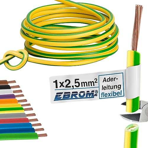Aderleitung Verdrahtungsleitung - Einzelader flexibel - PVC Leitung - H07V-K 2,5 mm² - Farbe: grün gelb - viele Längen in 5 Meter-Schritten lieferbar, Ihre Länge: 10 m 2,5mm2 von EBROM