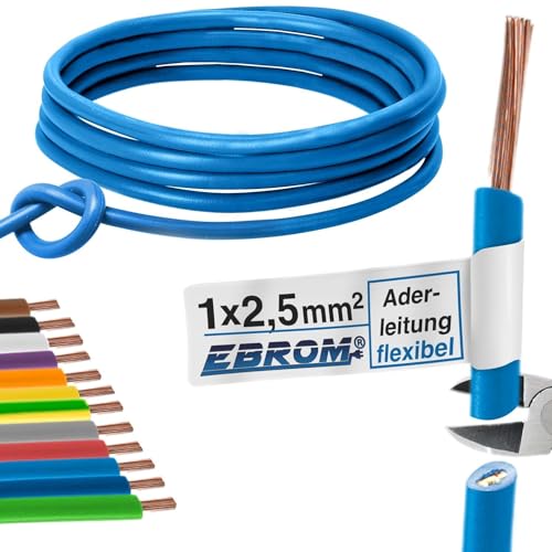 Aderleitung Verdrahtungsleitung - Einzelader flexibel - PVC Leitung - H07V-K 2,5 mm² - Farbe: hellblau - viele Längen in 5 Meter-Schritten lieferbar, Ihre Länge: 20 m 2,5mm2 von EBROM