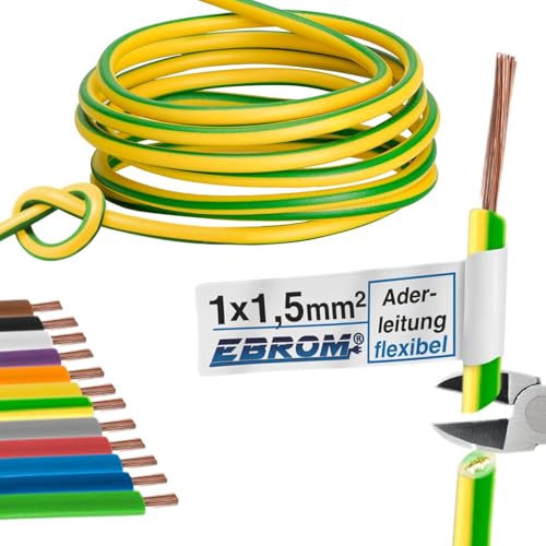 EBROM 10 Meter Aderleitung - Einzelader flexibel - PVC Leitung - H07V-K 1,5 mm² - Farbe: grün/gelb 10 m von EBROM