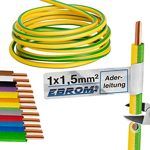 EBROM Aderleitung - Einzelader starr - PVC Leitung - Verdrahtungsleitung - H07V-U 1,5 mm² - 1,5 mm2 - Farbe: grün gelb, viele Längen wählbar, von 10 Meter bis 100 Meter - Ihre ausgewählte Länge: 100 m von EBROM