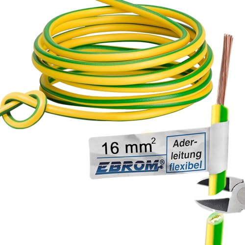 EBROM Aderleitung Erdungskabel H07V-K (K = flexibel feindrähtig 99,9% OFC Kupfer, Vollkupfer) 1 x 16 mm², 5 bis 100 Meter in der Auswahl, grün/gelb 16mm2 (16 mm2) - Ihre Länge: 10 Meter von EBROM