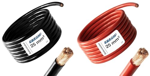 EBROM Batteriekabel auf den Meter genau! ROT (+) SCHWARZ (-) als Kombi 2,5/4 / 6/10 / 16/25 / 35/50 oder 70 mm² Batterie Kabel 99,9% OFC Kupfer – Ihre Auswahl: 8 Meter 25 mm2 rot + schwarz von EBROM