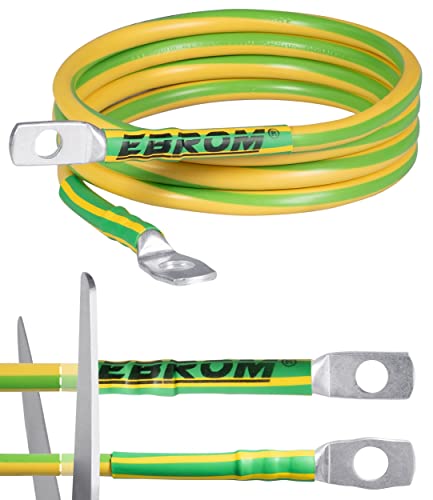 EBROM Erdungskabel 3 m Erdungsleitung H07V-K 16 mm² grün/gelb Erdungsleiter – Länge: 3 Meter + Kabelschuhe Ringöse M8 (8 mm) und M10 (10 mm) - Made in Germany - 16mm2 passend für Kreuzerder Staberder von EBROM