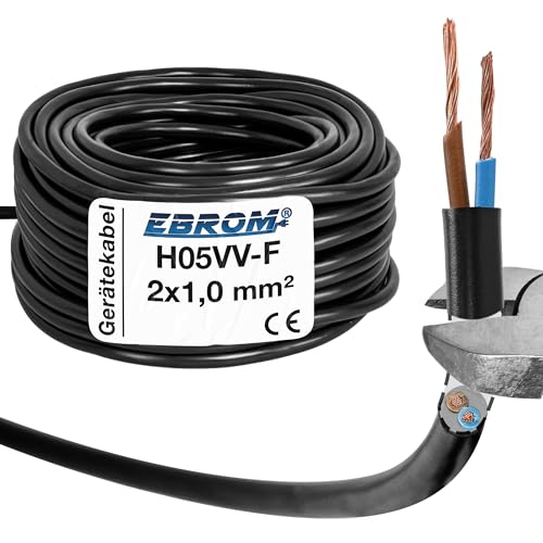 EBROM Kunststoff Schlauchleitung RUND, Kabel, Stromkabel, Leitung, Gerätekabel H05VV-F 2x1,0 mm² Farbe: schwarz - Viele Längen in 5 Meter Schritten bis 200 Meter 2x1 mm2, Ihre Kabellänge: 20 Meter von EBROM