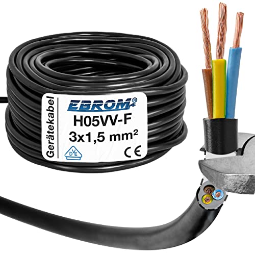 EBROM Kunststoff Schlauchleitung RUND, Kabel, Stromkabel, Leitung, Gerätekabel H05VV-F 3x1,5 mm² 3G1,5 mm2 - Farbe: schwarz - Viele Längen in 5 m Schritten bis 150 Meter, Ihre Kabellänge: 5 Meter von EBROM