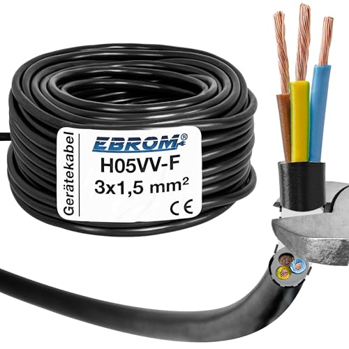 EBROM Kunststoff Schlauchleitung RUND, Kabel, Stromkabel, Leitung, Gerätekabel H05VV-F 3x1,5 mm² 3G1,5 mm2 - Farbe: schwarz - Viele Längen in 5 m Schritten bis 150 Meter, Ihre Kabellänge: 5 Meter von EBROM