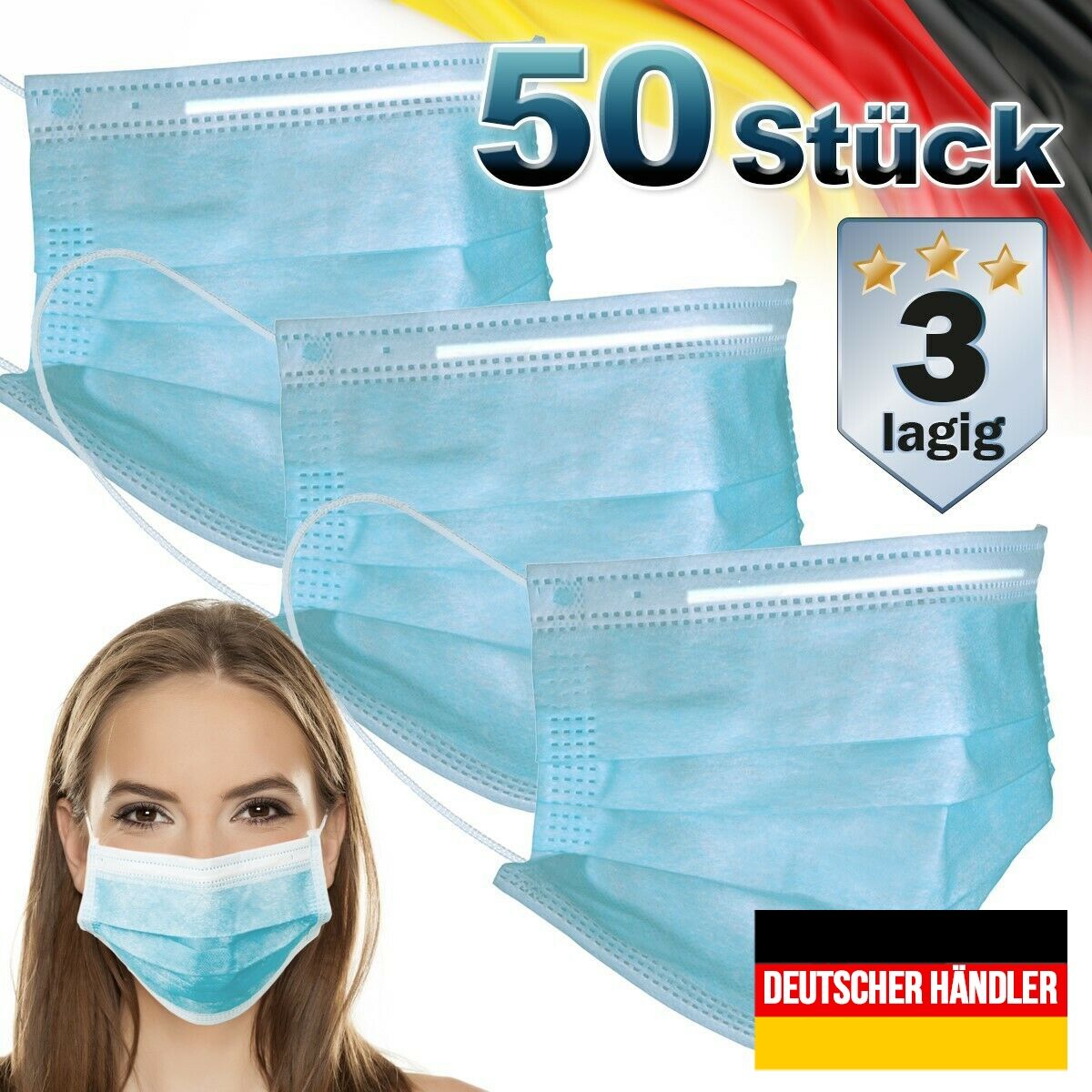 50er Satz Mundschutz Atemschutzmaske Mund-Nasen-Schutz 3-lagig Schutzmaske Blau von ECD GERMANY