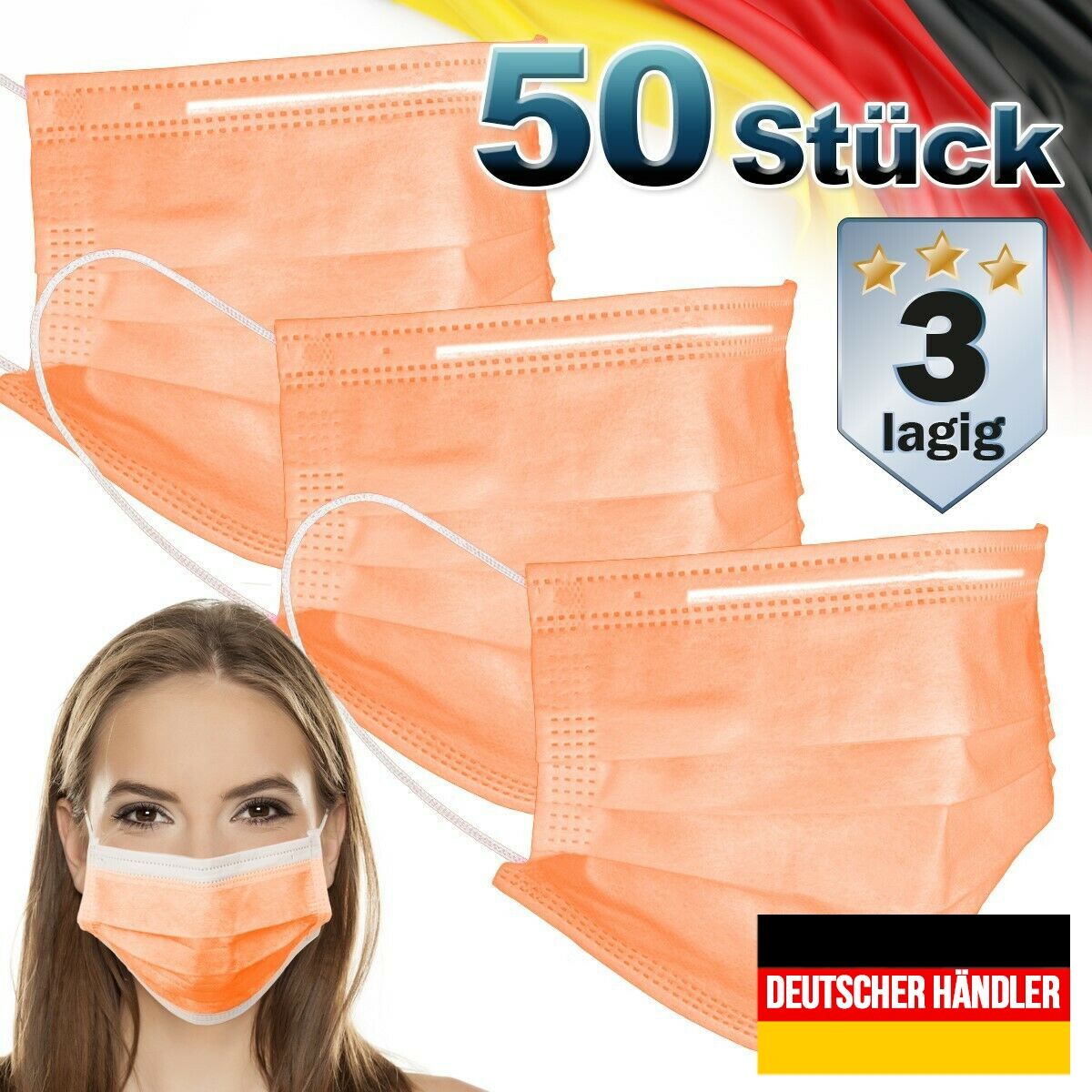 50er Satz Mundschutz Atemschutzmaske Mund-Nasen-Schutz 3-lagig Schutzmaske Orange von ECD GERMANY