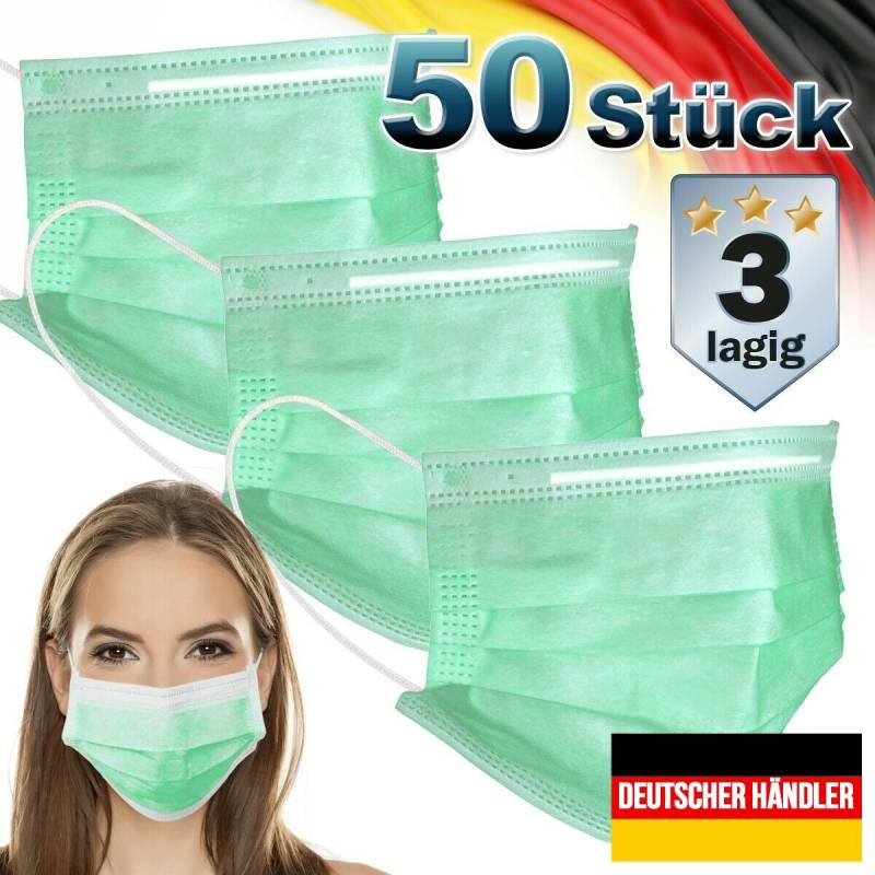 50er Satz Mundschutz Atemschutzmaske Mund-Nasen-Schutz 3-lagig Schutzmaske Türkis von ECD GERMANY