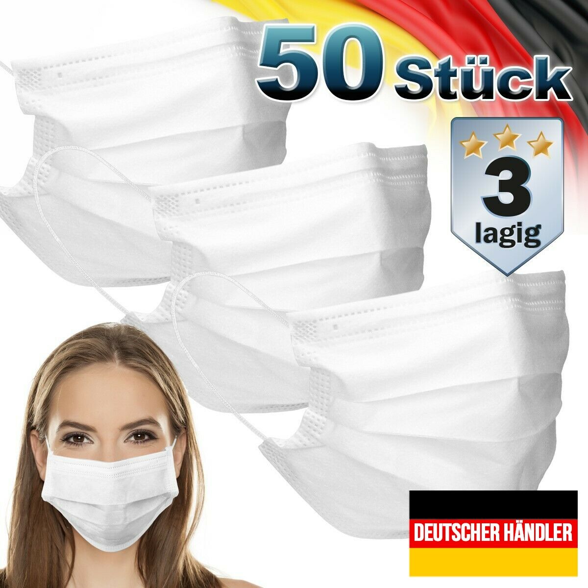 50er Satz Mundschutz Atemschutzmaske Mund-Nasen-Schutz 3-lagig Schutzmaske Weiß von ECD GERMANY