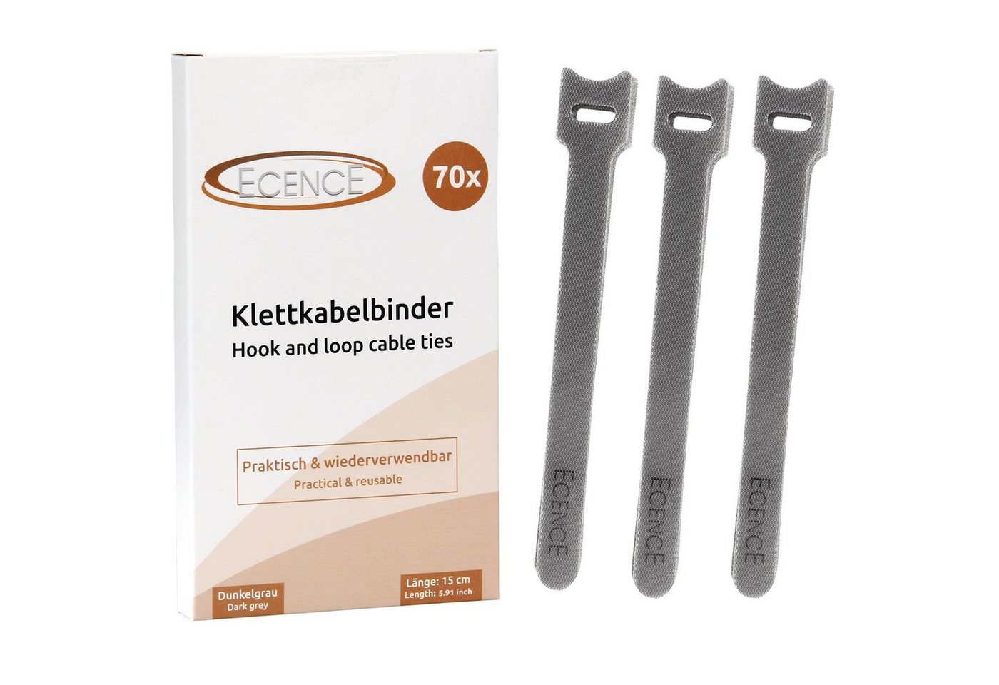ECENCE Kabelzubehör 70er Set Klett-Kabelbinder Grau Klettverschluss, (70-tlg) von ECENCE
