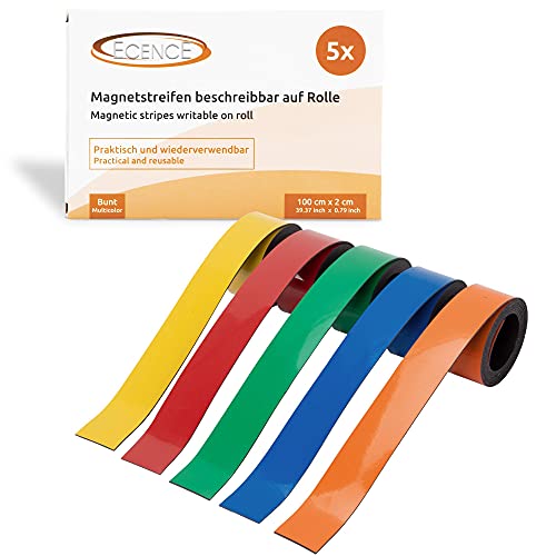 ECENCE 5x Magnetband Beschreibbar Magnetstreifen wiederverwendbar, Kennzeichnungsband für Haushalt, Büro, Küche, Werkstatt 100x2cm von ECENCE