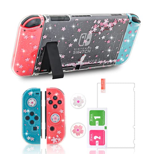 ECHZOVE Switch Clear Glitter Case, Switch Flower Case, Cherry Blossom Switch Case with Cat Pattern, 2 Cherry Blossom Thumb Grips and 1 Tempered Glass Screen Protector von ECHZOVE