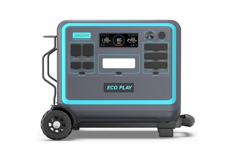 ECOPLAY EcoPlay-Powerstation Powerstation Stromerzeuger 2400W + Handwagen W2400SP 640000 mAh (25,6 V (Batteriespannung) V, 2 St), Schnellladung 1,8h, 13 Ausgänge, UPS, wetterfest, BMS, Handwagen von ECOPLAY